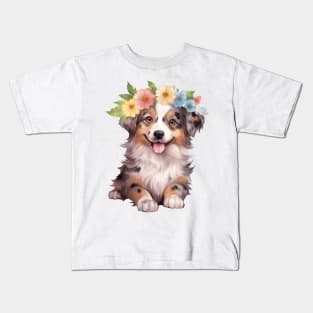 Watercolor Australian Shepherd Dog with Head Wreath Kids T-Shirt